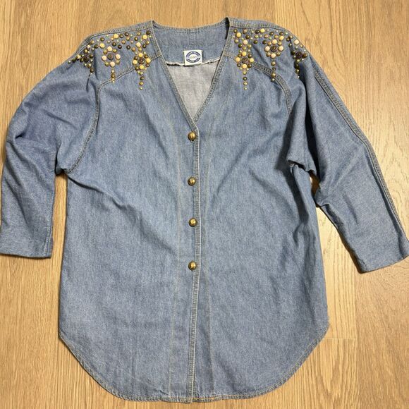 Bingo Bingo Top Women 14 Denim Western Retro Vintage Embellished Beaded 90s USA - Picture 1 of 9